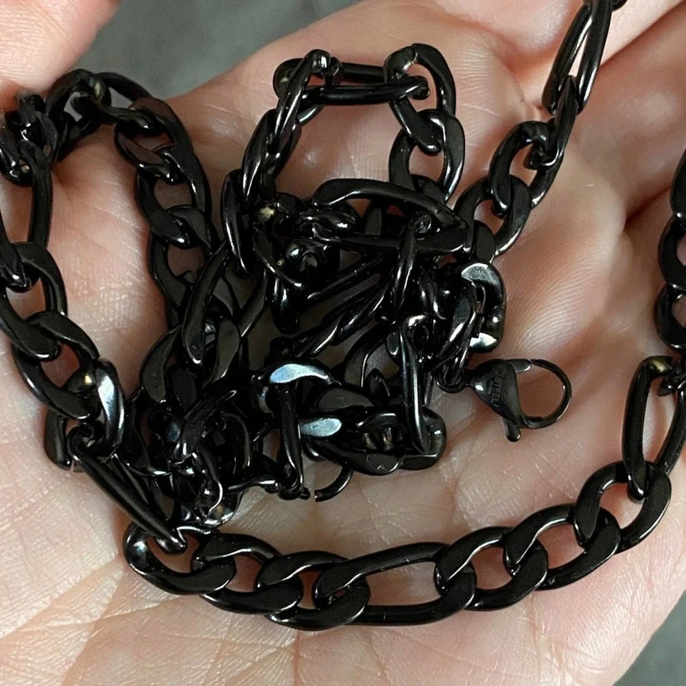 Men's Black Enamel Figaro Necklace Stainless Steel Chain! NEW 24